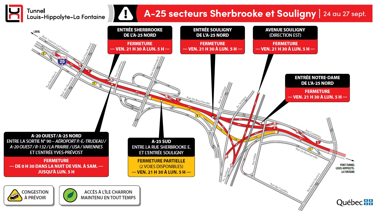 Fermeture complète du tunnel vers Montréal en fin de semaine
